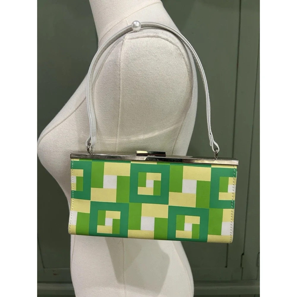 Vintage Claires Icing‎ Y2K Mini Shoulder Bag Purse Kiss Lock Green Geo 00s Bratz